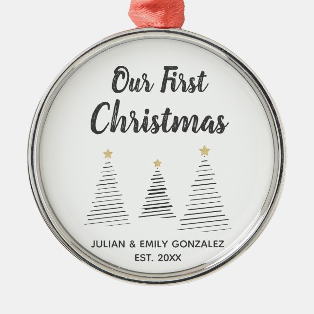 Our First Christmas Black and White Elegant Trees Metal Ornament (Front)