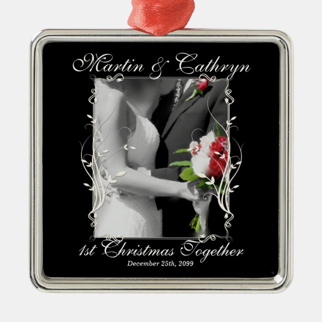 Our First Christmas Black and White Metal Ornament (Front)