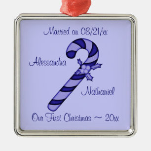 "Our First Christmas" - Blue Candy Cane [b] Metal Ornament