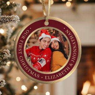 Our First Christmas Burgundy and Faux Gold Photos Ceramic Ornament