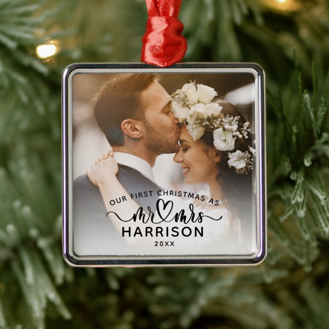 Our First Christmas Calligraphy Mr and Mrs Photos Metal Ornament (Tree)
