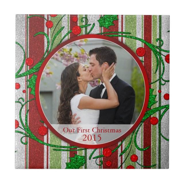 Our First Christmas Candy Cane Stripes Photo Frame Tile (Front)