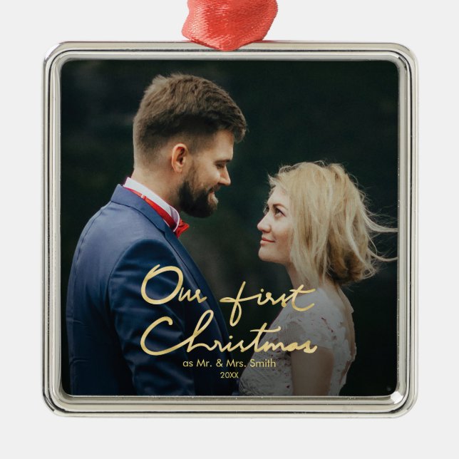 Our First Christmas Chic Faux Gold Foil Christmas Metal Ornament (Front)