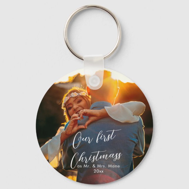 Our First Christmas Chic Script Name Christmass   Keychain (Front)