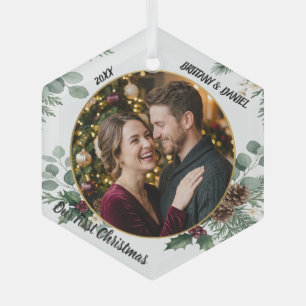 Our First Christmas Couple Photo Glass Ornament