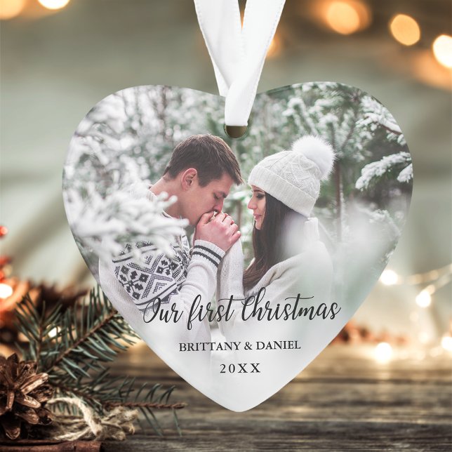 Our First Christmas Couple Photo Heart Ornament (Customize to change your personalized text size or style.)