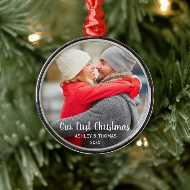 Our First Christmas Couple Photo Modern Round Metal Ornament (Tree)
