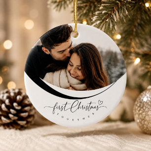Our First Christmas Couple Photo Monogram Ceramic Ornament