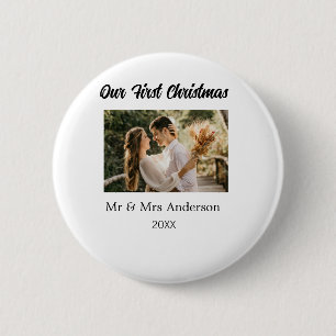 Our first Christmas couple photo name Mr & Mrs mod 2 Inch Round Button
