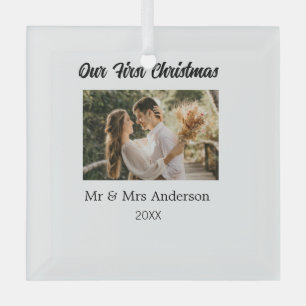 Our first Christmas couple photo name Mr & Mrs mod Glass Ornament