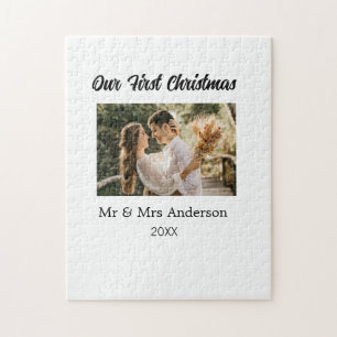 Our first Christmas couple photo name Mr & Mrs mod Jigsaw Puzzle