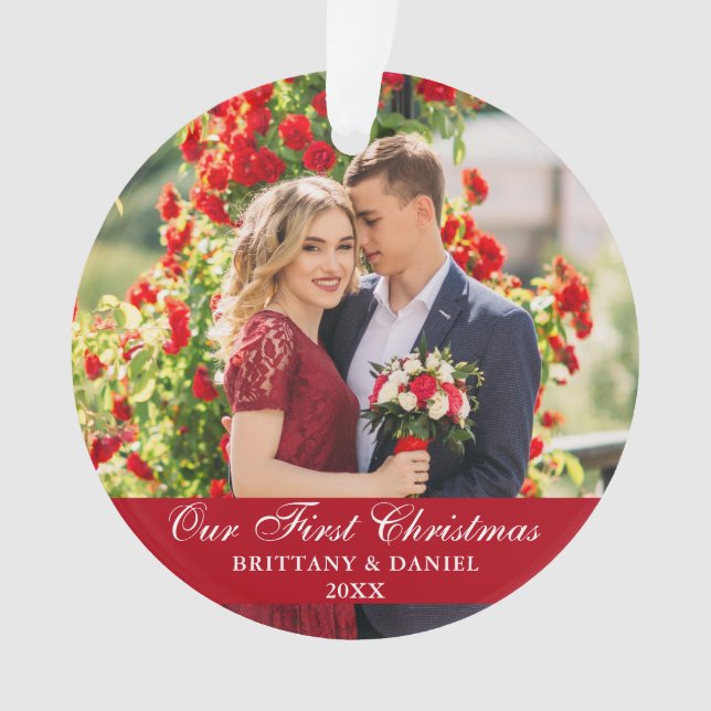 Our First Christmas Couple Photo Red Ornament (Front)