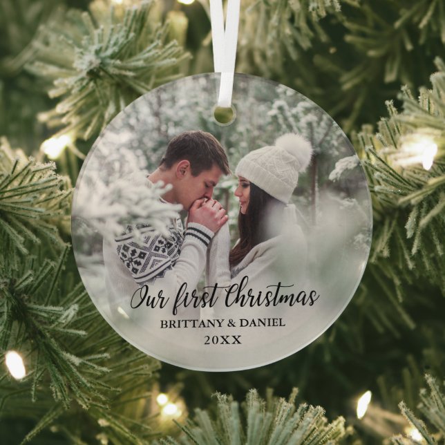 Our First Christmas Couple Photo Round Glass Ornament (Insitu)