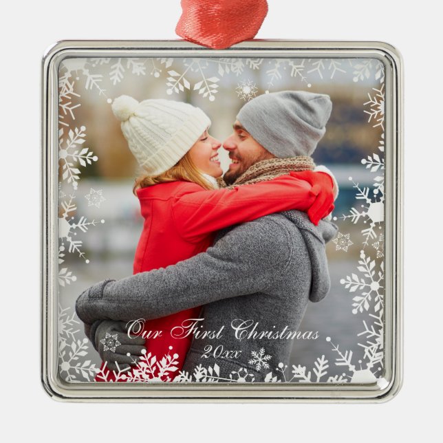 Our First Christmas Couple Photo Snowflake Border Metal Ornament (Front)