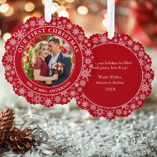 Our First Christmas Couple Photo Snowflakes Red Ornament Card