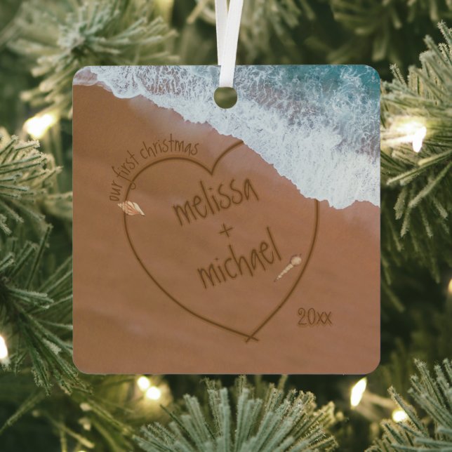 Our First Christmas Couple's Names Beach Dated Metal Ornament (Insitu)