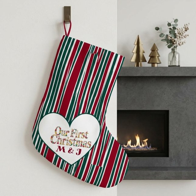 Our First Christmas Couples Plaid Monogram Initial Large Christmas Stocking (Our First Christmas Couples Plaid Monogram Initial Large Christmas Stocking)