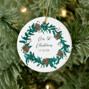 Our First Christmas Custom Date Wreath Sticker Ceramic Ornament