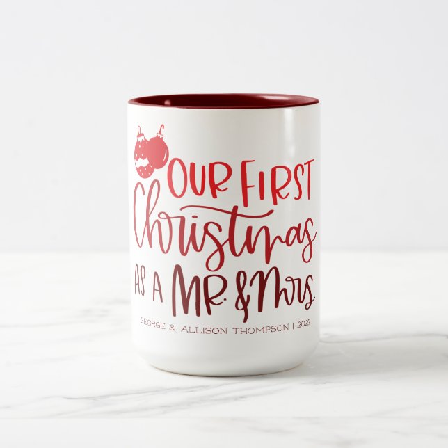 Our First Christmas | Custom Red Typography Two-Tone Coffee Mug (Center)