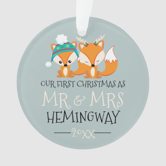 Our First Christmas Cute Red Fox Personalized Ornament (Front)