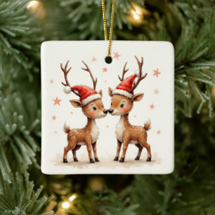 Our First Christmas Cute Reindeer in Santa Hats Ceramic Ornament