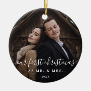 Our First Christmas Cute Rustic Script and Photo Ceramic Ornament