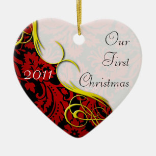 Our First Christmas Damask Ceramic Ornament