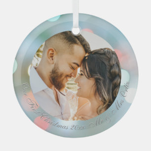 Our First Christmas DIY Names Date Photo Grey Text Glass Ornament