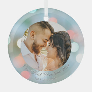 Our First Christmas DIY Names Date Photo Grey Text Glass Ornament