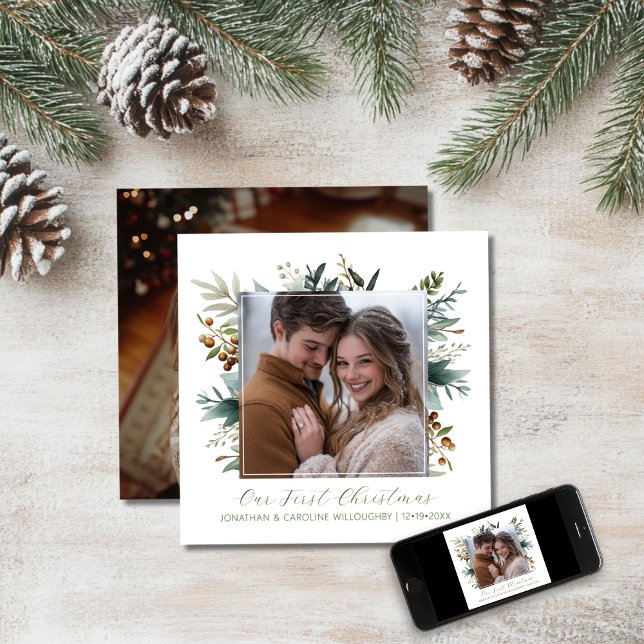 Our First Christmas Dried Botanical Square Photo Holiday Card (Creator Uploaded)