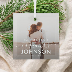 Our First Christmas Elegant Script Mr and Mrs Glass Ornament