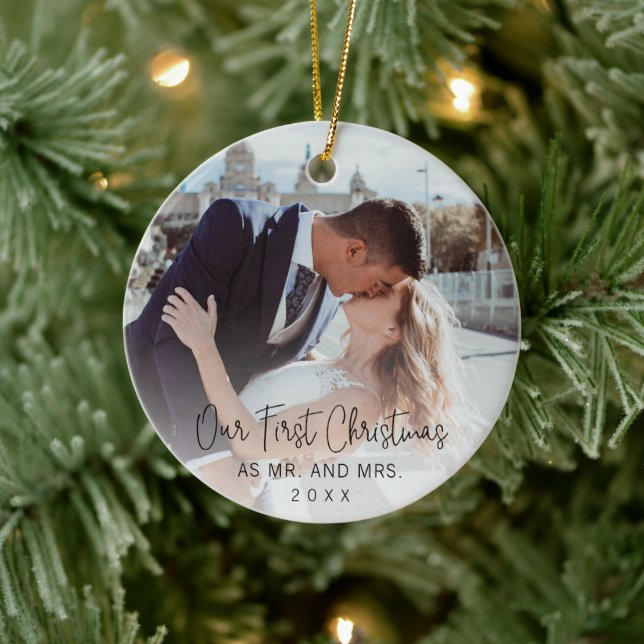 Our First Christmas Elegant Script Newlywed Photo Ceramic Ornament (Tree)