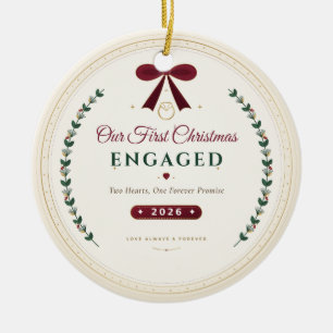Our First Christmas Engaged 2026 Coquette Bow Ceramic Ornament