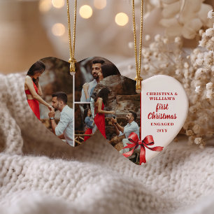 Our First Christmas Engaged 4 Photo Red Bow Heart Ceramic Ornament