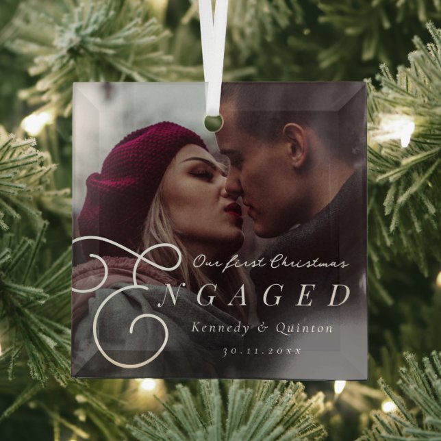 Our First Christmas Engaged Classic Minimal Photo Glass Ornament (Insitu)