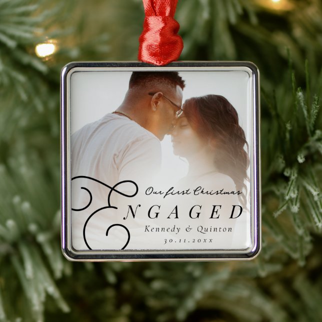 Our First Christmas Engaged Classic Minimal Photo Metal Ornament (Tree)