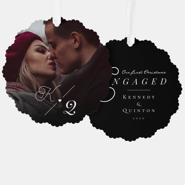 Our First Christmas Engaged Classic Minimal Photo Ornament Card (Front/Back)