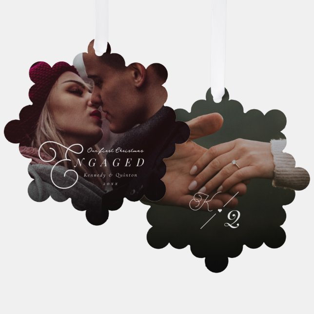 Our First Christmas Engaged Classic Minimal Photo Ornament Card (Front/Back)