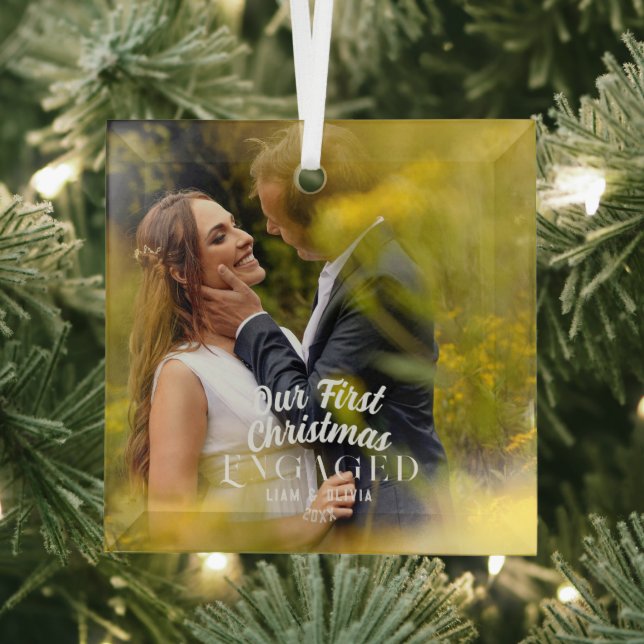  Our First Christmas Engaged Couple Photo  Glass Ornament (Insitu)