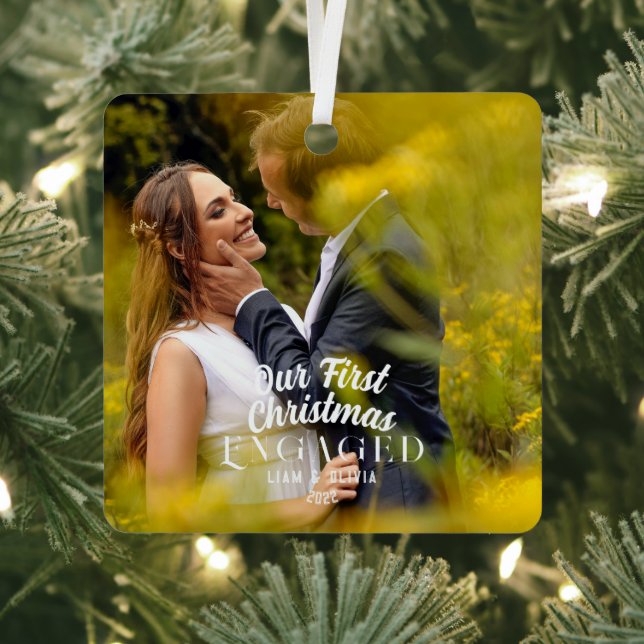 Our First Christmas Engaged Couple Photo Metal Ornament (Insitu)
