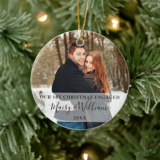 Our First Christmas Engaged Couple Photos Holiday Ceramic Ornament (Tree)