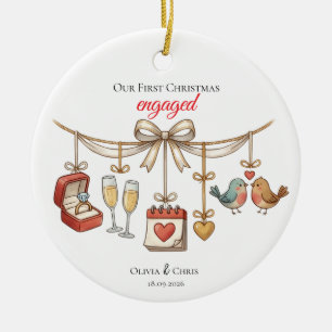 Our First Christmas Engaged Cute Ring Date Birds Ceramic Ornament