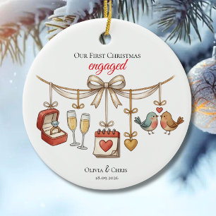 Our First Christmas Engaged Cute Ring Date Birds Ceramic Ornament