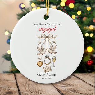 Our First Christmas Engaged Cute Ring Date Doves Ceramic Ornament