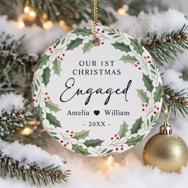Our First Christmas Engaged Floral Greenery Wreath Ceramic Ornament (Creator Uploaded)