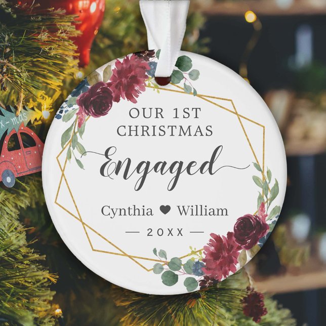 Our First Christmas Engaged Geometric Floral Photo Ornament (Creator Uploaded)