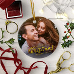 Our First Christmas Engaged Gold Foil Script Ceramic Ornament<br><div class="desc">Our First Christmas Engaged Gold Foil Script Ceramic Ornament</div>