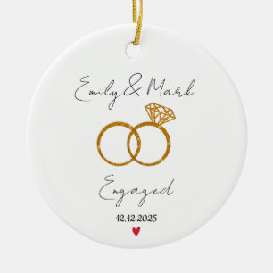 Our First Christmas Engaged, golden rings Ceramic Ornament