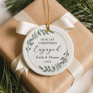 Our First Christmas Engaged Greenery Gold Wreath Ceramic Ornament