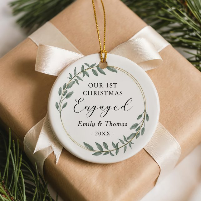 Our First Christmas Engaged Greenery Gold Wreath Ceramic Ornament (Creator Uploaded)